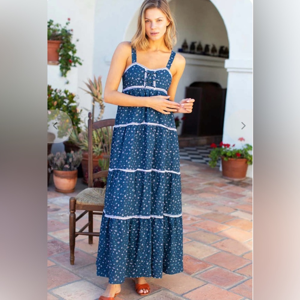 Emerson Fry Tiered Maxi Dress Anne Flowers MAJOLICA, Lined , Size M, Like New